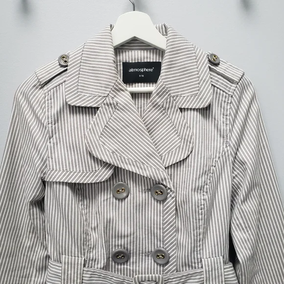 Atmosphere Grey and White Stripe Trench Coat Size 2-4 - Picture 4 of 16